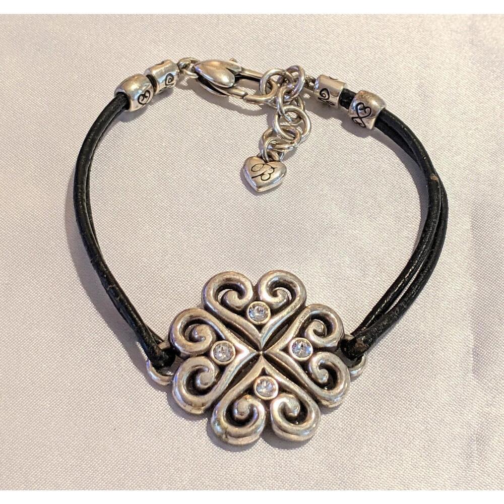 Brighton Alcazar Heart Bracelet Silver Plated Clear Crystals Black Leather 7-8"
